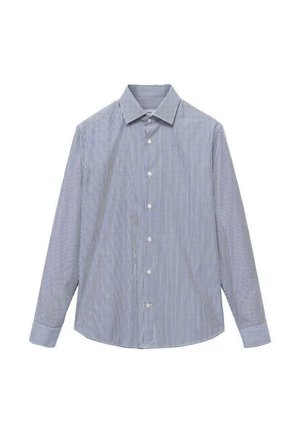 Camicia a maniche lunghe a righe blu e bianche con colletto classico, chiusura frontale con bottoni e orlo curvo. Materiale in cotone con una texture liscia.