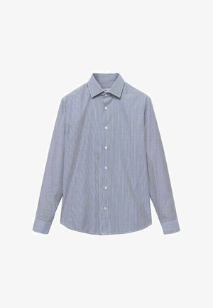 Blue and white striped long-sleeve shirt with a classic collar, button-down front, and a curved hem. Cotton material with a smooth texture.