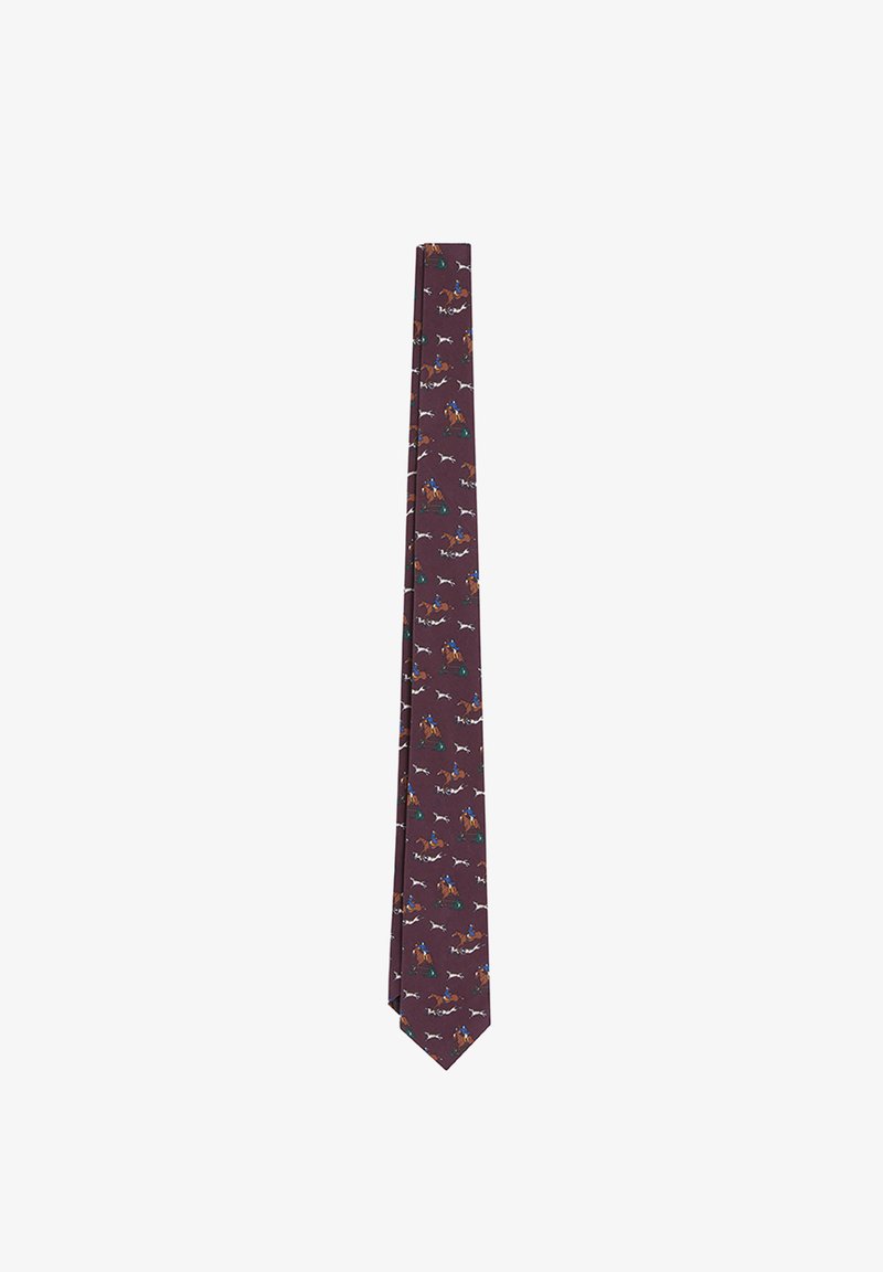 Burgundy silk tie featuring a pattern of horse riders and dogs in various colors. The tie has a smooth texture and a classic shape.