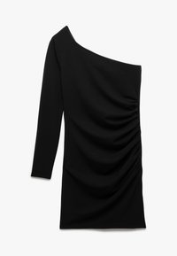 Das schwarze Kleid verfügt über ein schulterfreies Design, drei Viertelärmel und geraffte Details an der Seite, gefertigt aus einem weichen, dehnbaren Stoff.