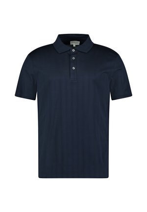 Granatowa koszulka polo z krótkim rękawem, o gładkim wzorze, z trzema guzikami oraz klasycznym kołnierzykiem. Wykonana z gładkiego, lekkiego materiału.