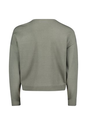 Grüner Strickpullover mit einem cropped Design, breitem Ausschnitt, langen Ärmeln sowie gerippten Bündchen und Saum. Glatte Textur, minimaler Detailaufwand.