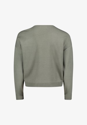 Grüner Strickpullover mit einem cropped Design, breitem Ausschnitt, langen Ärmeln sowie gerippten Bündchen und Saum. Glatte Textur, minimaler Detailaufwand.