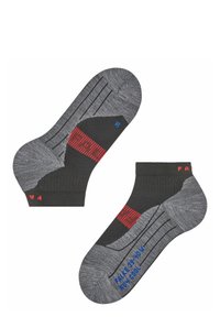 Schwarz-graue Knöchelsocken mit horizontalen Streifen und roten sowie blauen Akzenten. Hergestellt aus weichem Material und mit verstärkten Fersen- und Zehenbereichen.