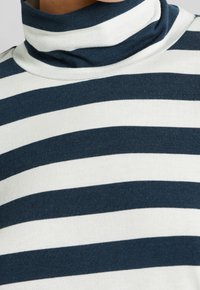 Pull à col roulé rayé bleu marine et blanc, en tissu doux à mélange de coton, avec un design ajusté et un col haut.