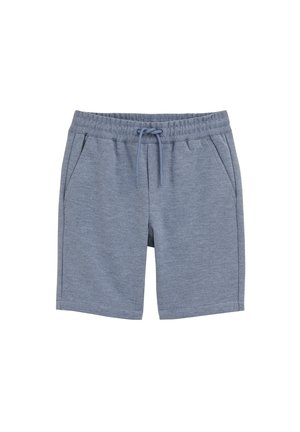 Zilas adītas šorti ar aukliņu viduklī un sānu kabatām, paredzēti ikdienas valkāšanai.