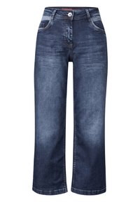 Jean en denim bleu foncé à jambe large avec une fermeture à bouton, poches avant et détails décolorés sur le tissu. Ourlet propre et couture nette.
