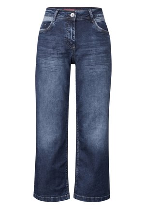 Jean en denim bleu foncé à jambe large avec une fermeture à bouton, poches avant et détails décolorés sur le tissu. Ourlet propre et couture nette.