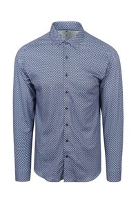 Langarmshirt in Navyblau mit kreisförmigem Muster. Hergestellt aus leichtem Stoff, mit durchgehender Knopfleiste und weichem Griff.