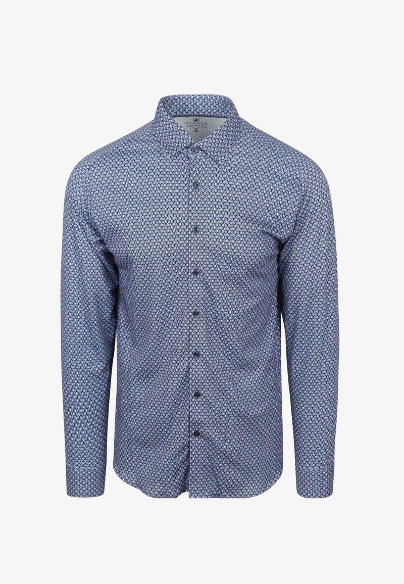 Langarmshirt in Navyblau mit kreisförmigem Muster. Hergestellt aus leichtem Stoff, mit durchgehender Knopfleiste und weichem Griff.