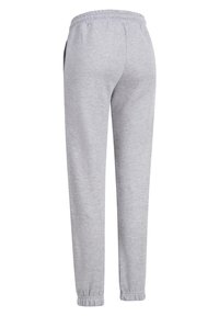 Gray sweatpants featuring an elastic waistband, side pockets, tapered legs, and cuffed hems, made from soft, breathable material.