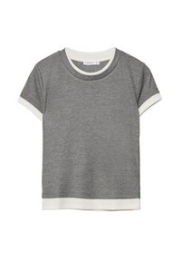 Graues T-Shirt mit kurzen Ärmeln, aus weichem Stoff gefertigt, mit gerippter Textur und weißen Akzenten am Kragen und an den Ärmeln.