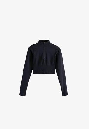 Marineblaues, kurzes Langarmoberteil mit hohem Kragen und halbem Reißverschluss. Hergestellt aus einem glatten, elastischen Material mit gerippten Akzenten am Saum.