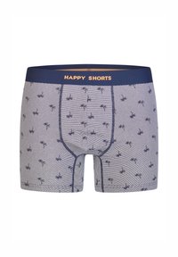 Boxershorts in Marineblau mit einem grauen Streifenmuster, das kleine Palmen-Motive zeigt. Elastischer Bund mit dem Aufdruck "HAPPY SHORTS" in Orange.