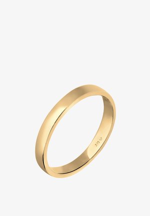 Bague en or avec une bande lisse et arrondie, marquée "375" à l'intérieur. Surface réfléchissante avec une finition dorée uniforme.