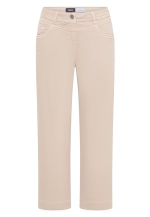 Pantalones beige de mujer de corte recto con botón delantero, cremallera, trabillas para cinturón y bolsillos laterales y para monedas, etiquetados como "Cecil Denim."
