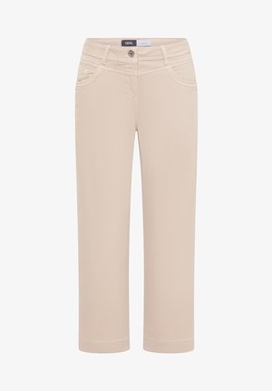 Pantalones beige de mujer de corte recto con botón delantero, cremallera, trabillas para cinturón y bolsillos laterales y para monedas, etiquetados como "Cecil Denim."