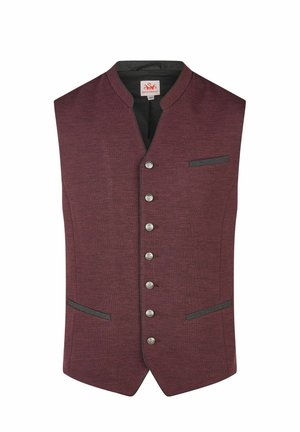Gilet texturé marron pour homme avec un bord noir, sept boutons argentés à l'avant, et trois poches passepoilées, une sur la poitrine et deux à la taille.