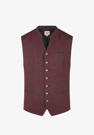 Gilet texturé marron pour homme avec un bord noir, sept boutons argentés à l'avant, et trois poches passepoilées, une sur la poitrine et deux à la taille.