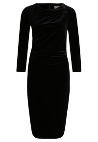 Svart sammetklänning med trekvartslånga ärmar, figursydd form och draperad frontdetalj. Slät textur och längd ovanför knäna.