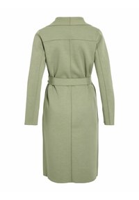 Long-sleeve, belted dress in soft, textured light green fabric. Features a collar and seam detailing along the back.