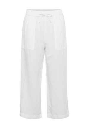 Biele ľanové nohavice s širokými nohavicami, elastickým pásom, detailom na šnúrku a dvoma prednými vreckami. Materiál má hladký, textúrovaný povrch.