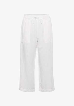 White linen wide-leg pants with an elastic waistband, drawstring detail, and two front pockets. The fabric has a smooth, textured finish.