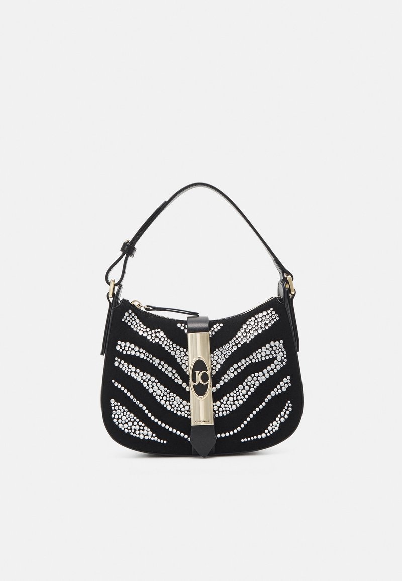 Musta mokkanahkainen käsilaukku, jossa on strassikoristeinen seepra-kuvio, kullanvärinen metalliyksityiskohta keskellä ja irrotettava olkahihna.