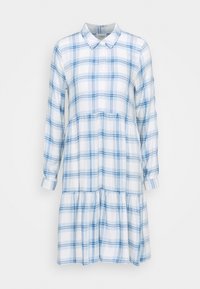 Vestito camicia a quadri blu e bianchi, con colletto, maniche lunghe, vita arricciata e orlo a strati. Tessuto morbido.