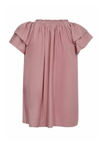 Top rosa chiaro a maniche corte con scollatura arricciata e silhouette ampia e fluida. Tessuto liscio con una texture morbida, senza motivi visibili.