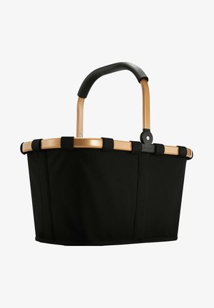 Cesta di mercato in tessuto nero con telaio metallico rigido dorato e manico curvo nero, progettata per il trasporto e la conservazione.