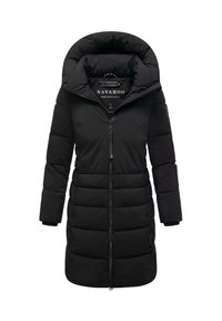 Black padded coat with a high, structured collar, full front zipper, and side pockets. Soft, smooth texture, featuring horizontal quilted pattern.
