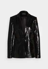 Černý blazer se flitry, se štíhlým střihem, klopami, jednobutonním zapínáním a dvěma předními kapsami. Hladká vnitřní podšívka.