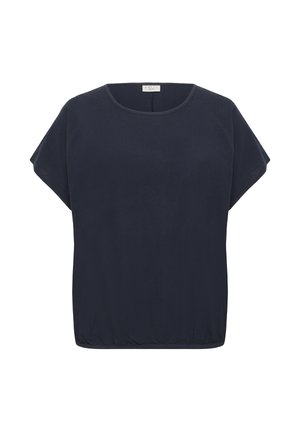 Marineblaue Bluse mit kurzen Ärmeln, rundem Ausschnitt und elastischem Saum, flach auf weißem Hintergrund dargestellt.