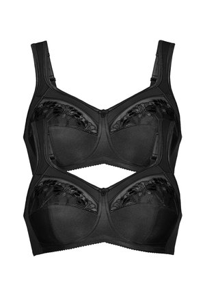 Two black full-coverage bras with wide adjustable straps and decorative floral lace on the upper cups, displayed on a white background.