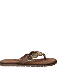 Bruine teensandalen met decoratieve ronde kraalaccenten in goud, zilver en bruin. Zachte, suède-achtige voetbed en een gestructureerde rubberen zool.