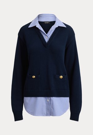 Lauren Ralph Lauren, LAYERED BUTTON TRIM COTTON SWEATER - Pullover - navy