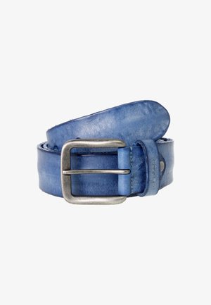 Lederner Gürtel in einem lebhaften Blau mit einer strukturierten Oberfläche. Verfügt über eine silberne rechteckige Schnalle und einen Schlaufenhalter an der Seite.