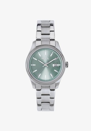 Silver metal wristwatch with green dial, white hour markers, date window at 3 o'clock, and linked metal bracelet band.