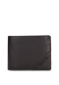 Portafoglio in pelle marrone scuro con superficie testurizzata, caratterizzato da un design diagonale e marchio in rilievo sul davanti. Forma compatta e rettangolare.