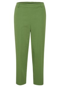 Pantaloni verdi con vita elasticizzata, design a gamba dritta, tessuto liscio e dettagli di cucitura minimi, adatti per un abbigliamento casual o formale.