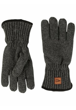 Des gants en tricot gris présentent un poignet côtelé et une étiquette en cuir marron. Le design comprend cinq doigts et un motif texturé sur l'ensemble.