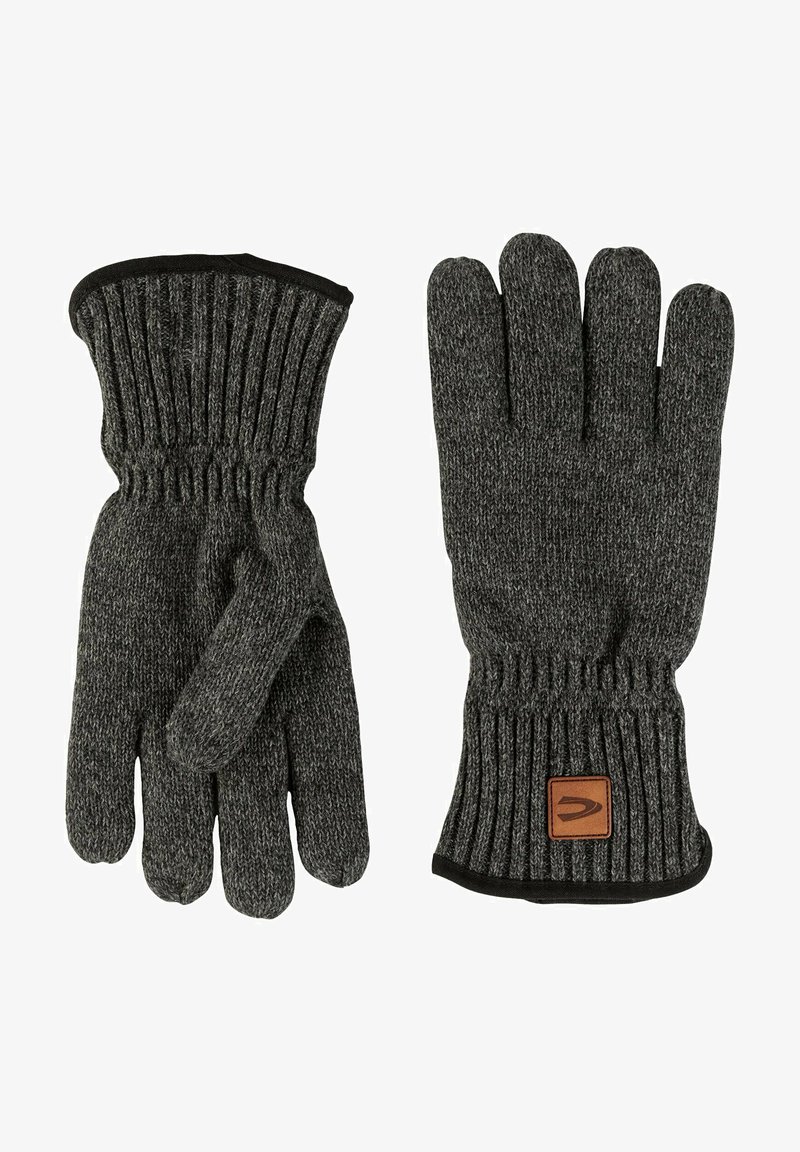Grey knit gloves feature a ribbed cuff and a brown leather logo patch. The design includes five fingers and a textured pattern throughout.