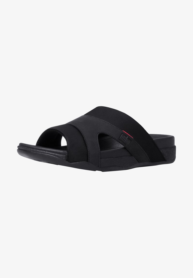 Svarta slidesandaler med korsade syntetiska remmar, öppen tå-design och en texturerad sula för grepp. Inga synliga utsmyckningar.