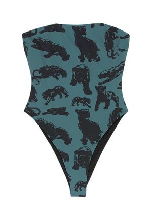 Bandeau badpak in turquoise met zwarte pantersilhouetten in verschillende houdingen overal bedrukt.