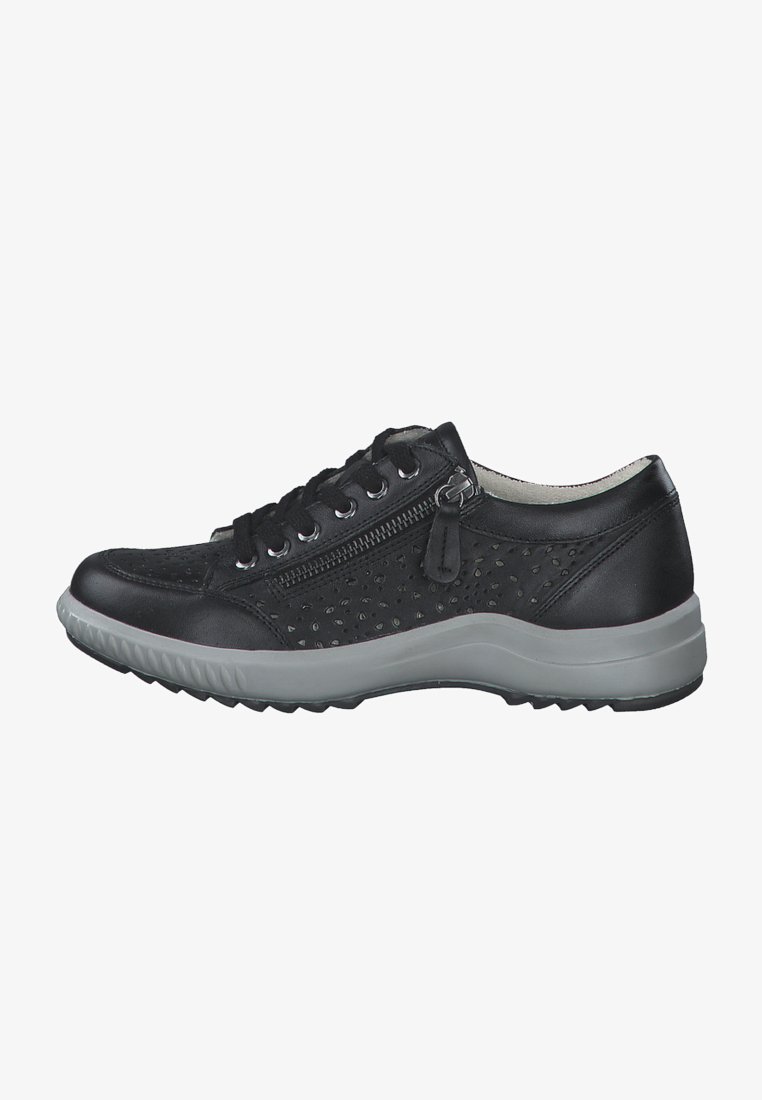 Schwarze Leder-Sneaker mit Lochmuster, grauer Gummisohle, Schnürung vorne und seitlichem Reißverschluss für einfachen Zugang.