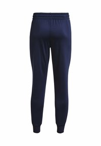 Marineblaue Jogginghosen aus weichem, dehnbaren Stoff mit einem elastischen Bund und schmalen Bündchen an den Knöcheln. Glatte Textur, keine sichtbaren Muster.