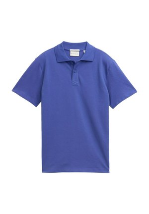 Blauwe polo met korte mouwen, gemaakt van gladde stof, met een platgebreide kraag, een knoopsluiting met drie knopen en gestikte zoomdetails.