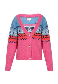 Cardigan lavorato a maglia in rosa e blu con scollatura a V, presenta motivi geometrici, cinque bottoni e una texture morbida.