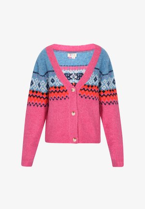 Neulecardigan vaaleanpunaisena ja sinisenä, jossa on V-aukko, geometrisia kuvioita, viisi nappia ja pehmeä rakenne.